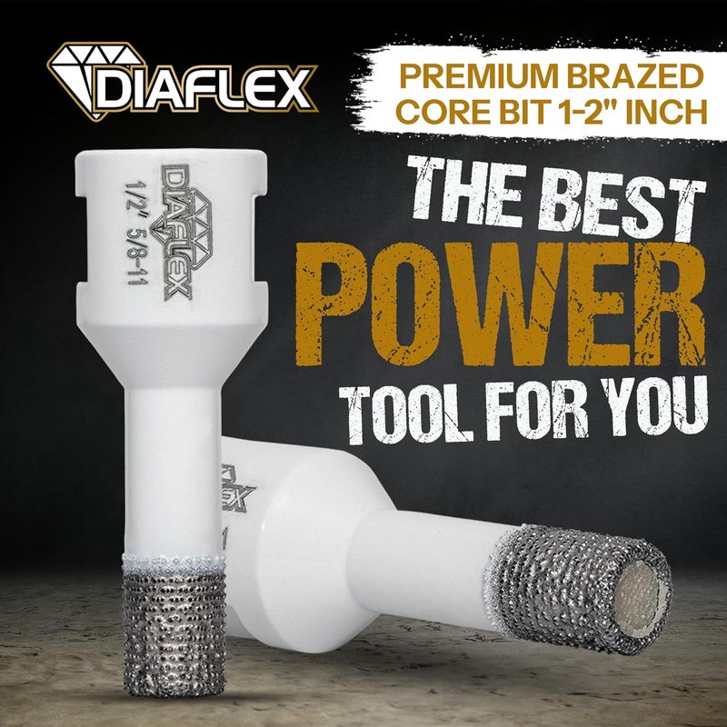 DIAFLEX Premium Brazed Core Bit – 1/2" Diamond Hole Saw for Porcelain, Ceramic, Stone, Dekton – 5/8"-11 Thread – Fast Clean Cuts – Vacuum Brazed – Wet or Dry Use - Image 2